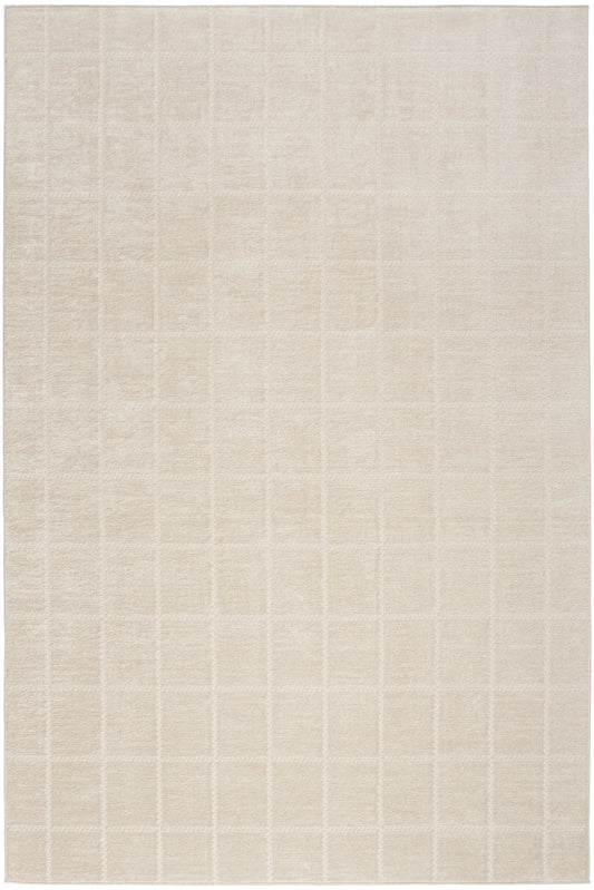 Beige rectangular area rug with a subtle cream grid pattern and soft woven texture.
