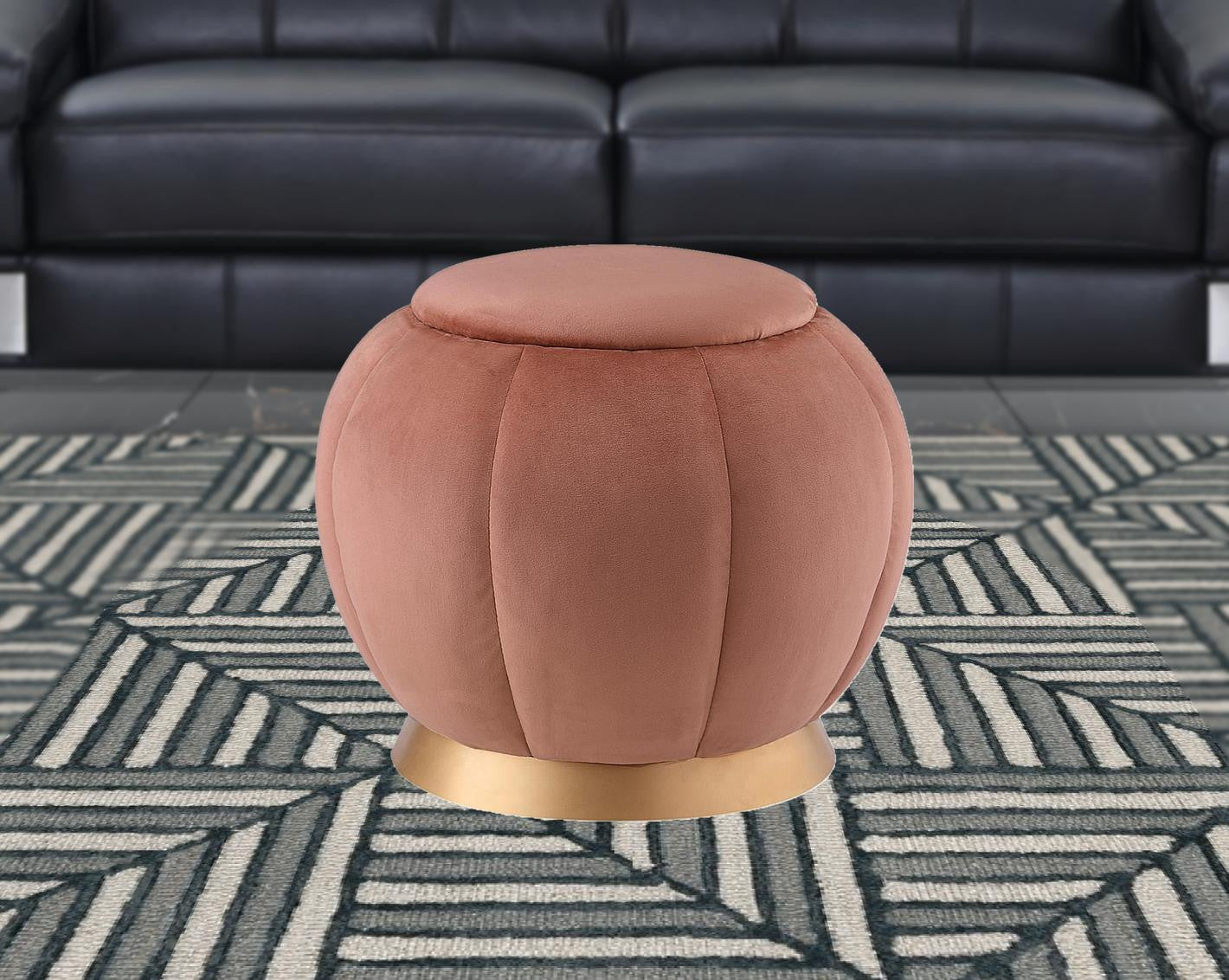 20" Blush Velvet And Gold Round Ottoman