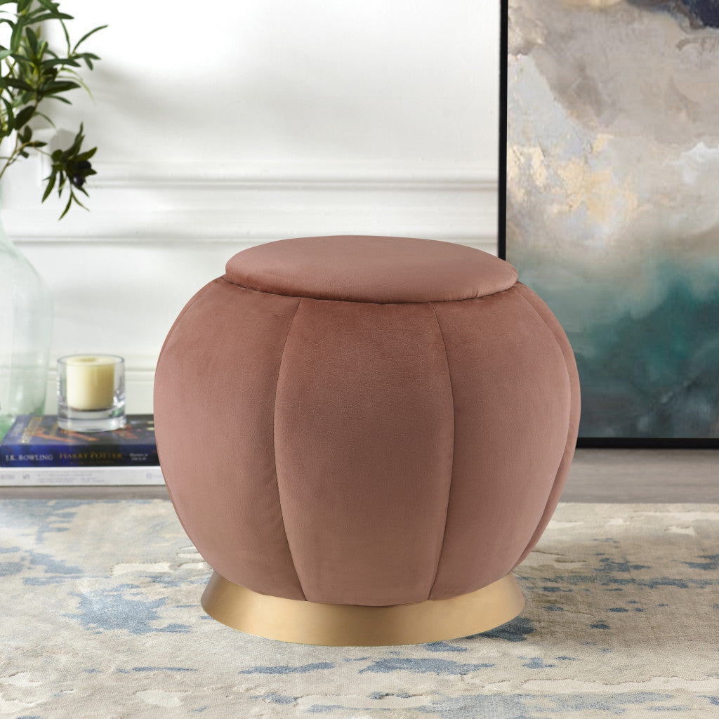 20" Blush Velvet And Gold Round Ottoman