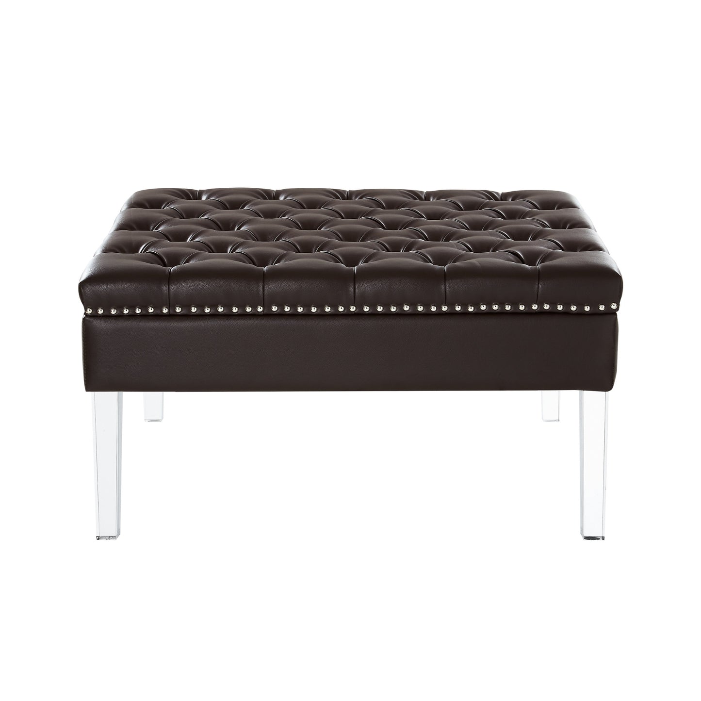 35" Espresso Faux Leather And Clear Cocktail Ottoman