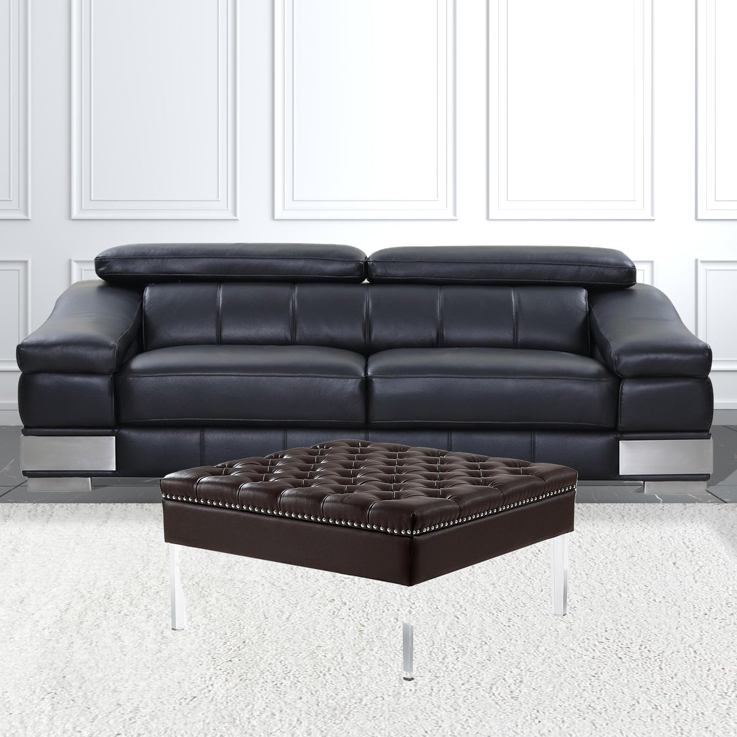 35" Espresso Faux Leather And Clear Cocktail Ottoman