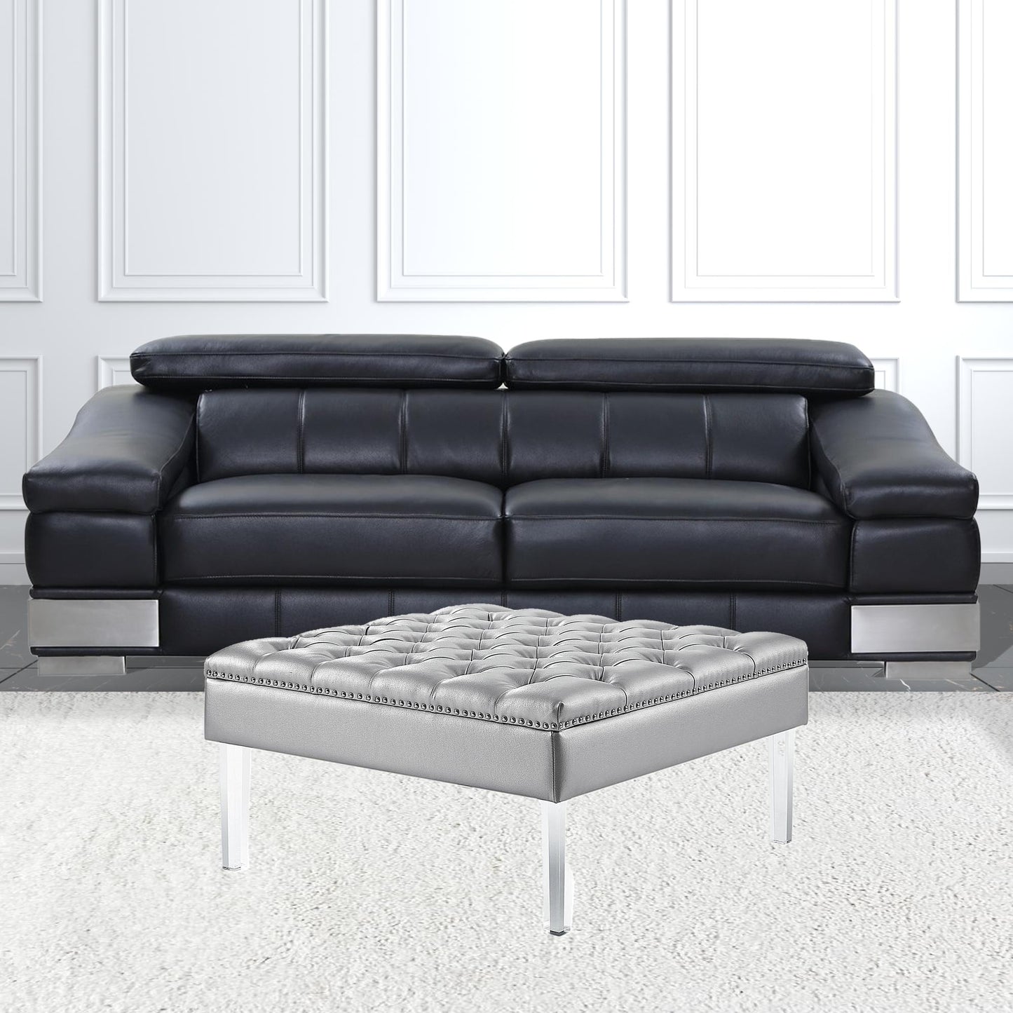 35" Espresso Faux Leather And Clear Cocktail Ottoman