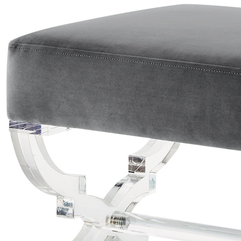 18" Gray Velvet And Clear Ottoman