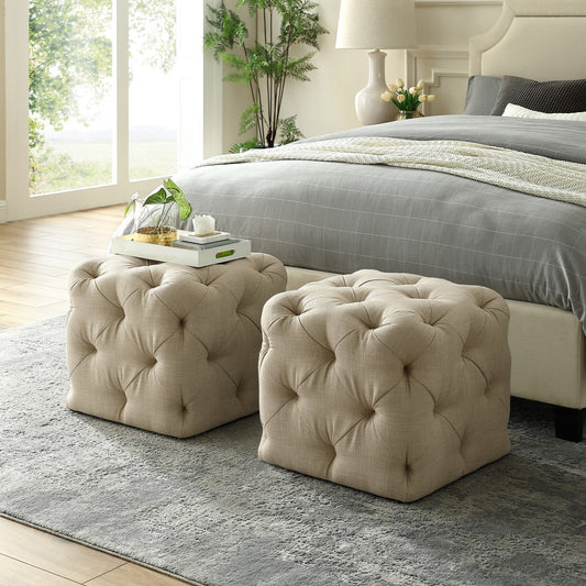 20" Beige Linen Cube Ottoman