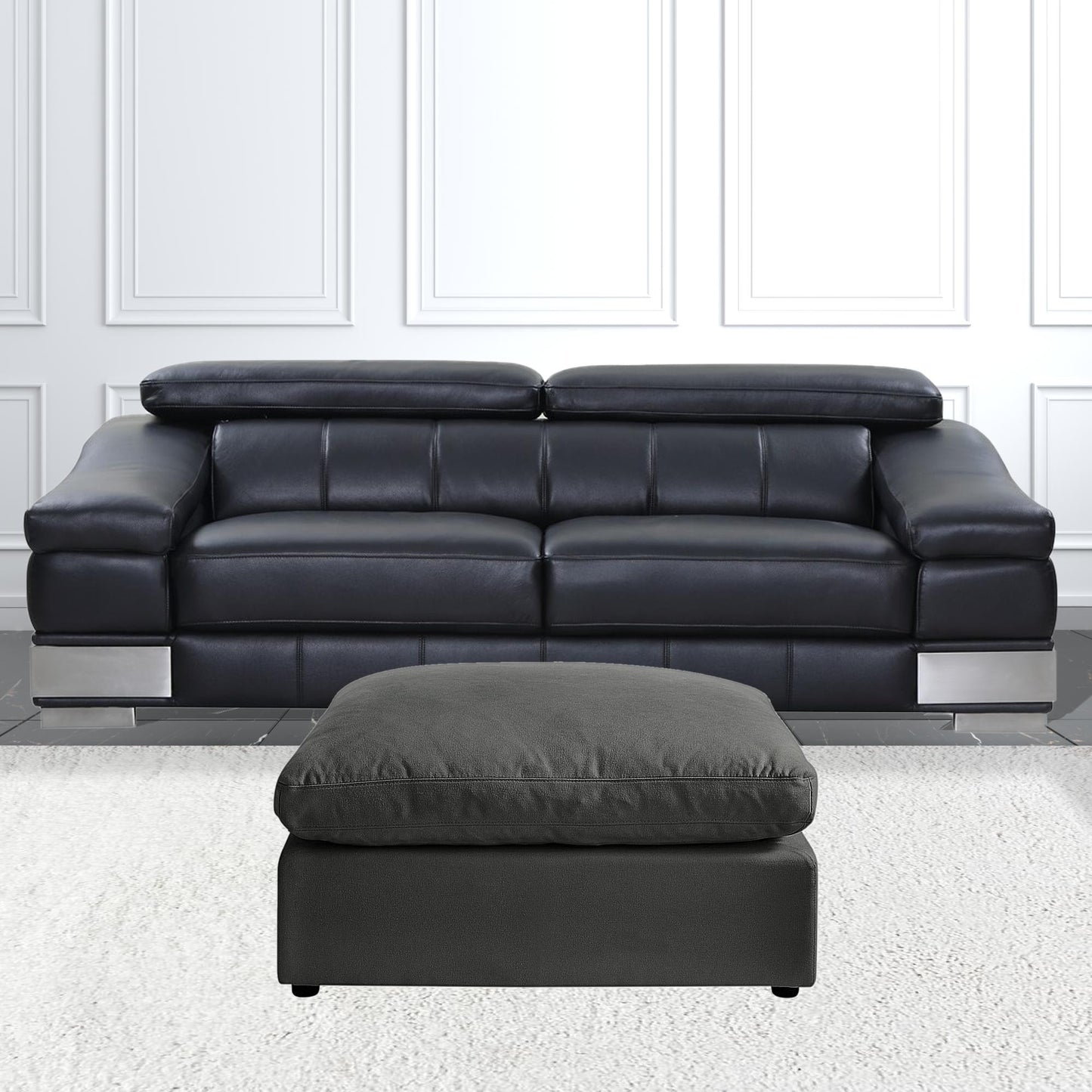 36" Charcoal Linen And Black Ottoman