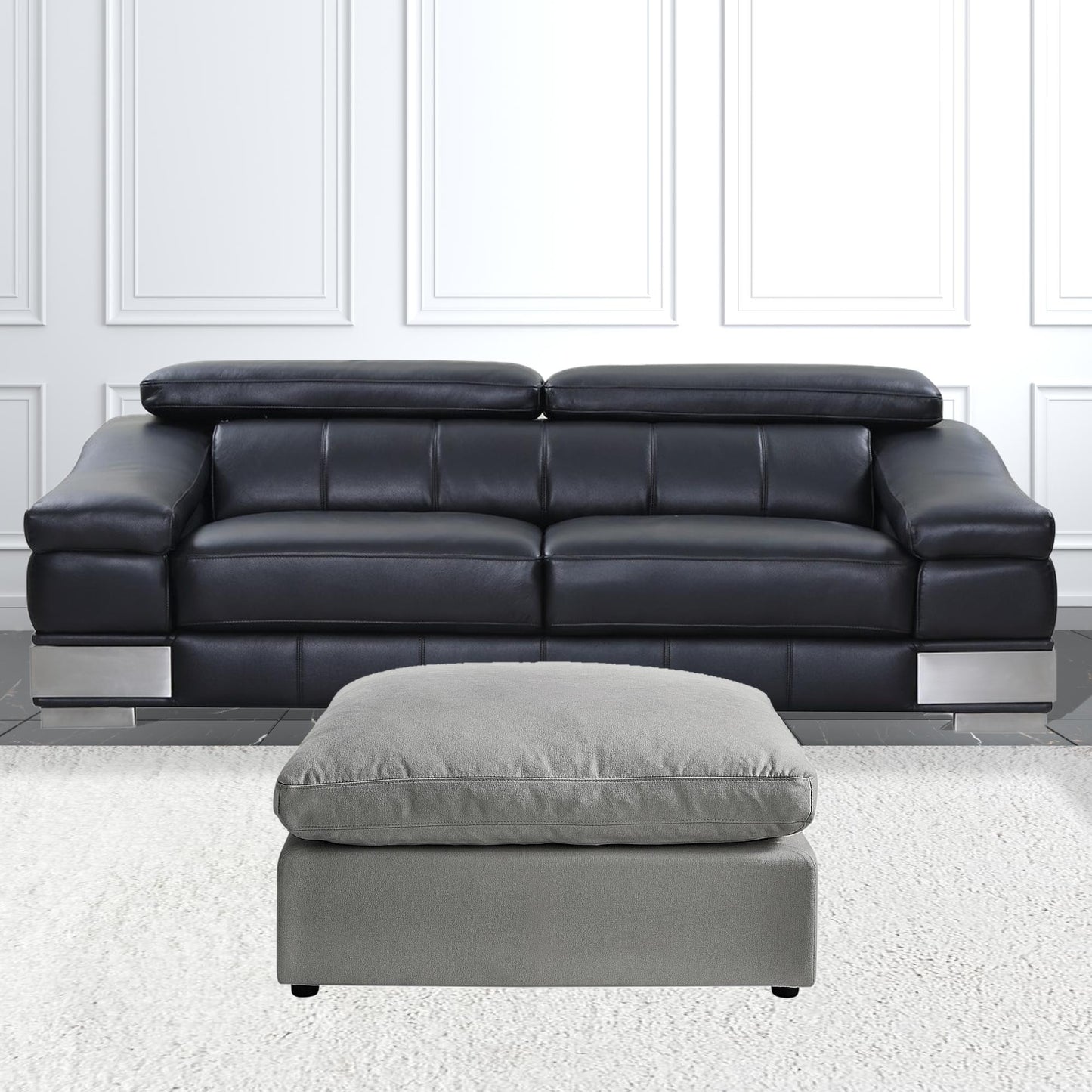 36" Charcoal Linen And Black Ottoman