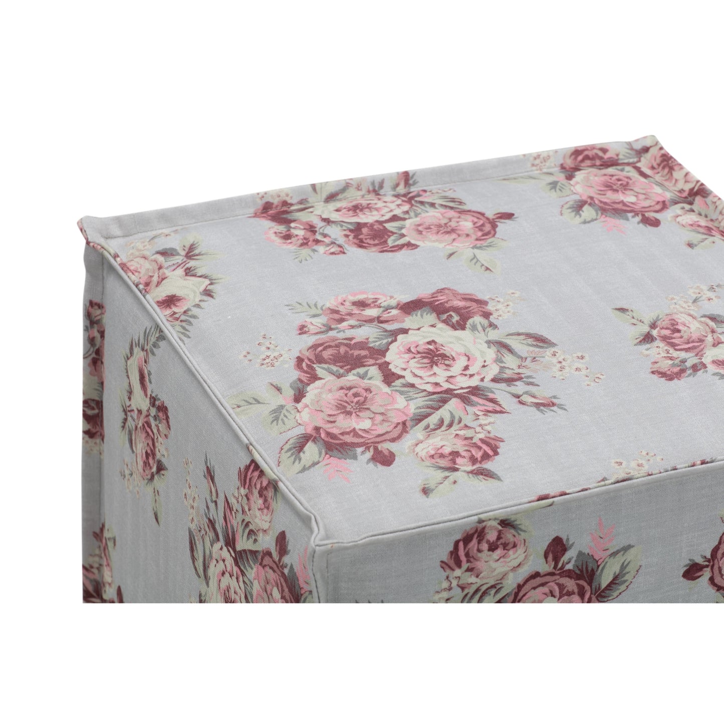 18" Ivory Linen Floral Ottoman