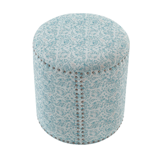 18" Blue Linen Round Floral Ottoman