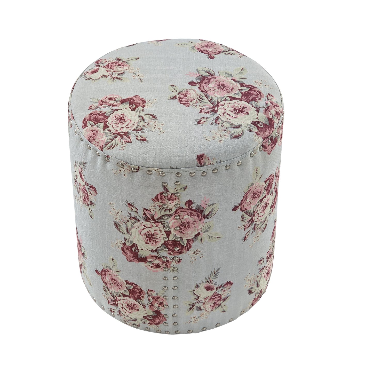 18" Blue Linen Round Floral Ottoman