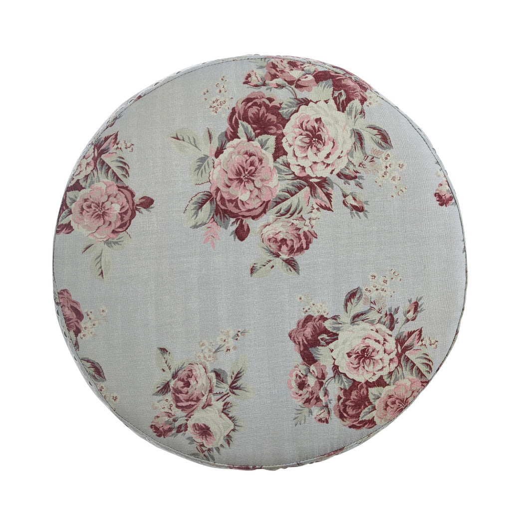 18" Blue Linen Round Floral Ottoman