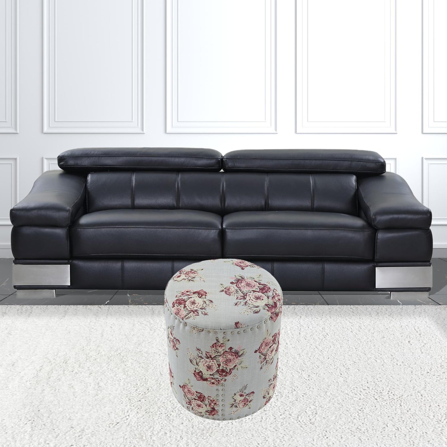 18" Blue Linen Round Floral Ottoman