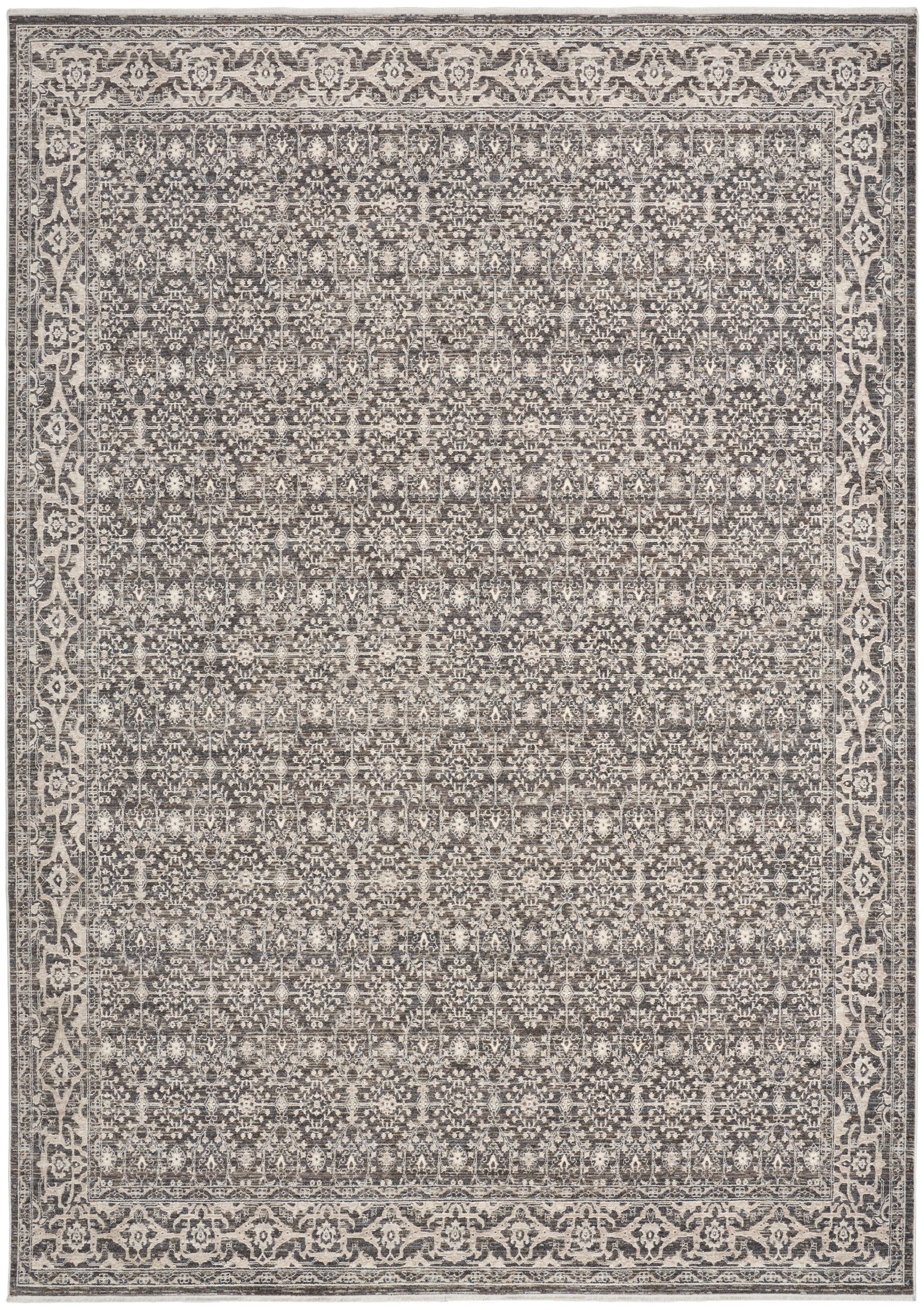 Gray-toned oriental rug with dense lattice motifs & ivory floral border, vintage distressed finish.