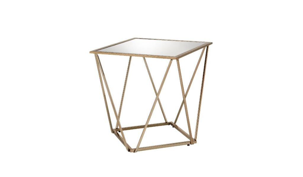 24" Champagne And Silver Glass And Metal Square Mirrored End Table