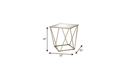 24" Champagne And Silver Glass And Metal Square Mirrored End Table