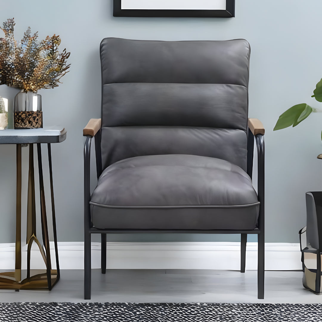 26" Gray Top Grain Leather And Steel Solid Color Arm Chair