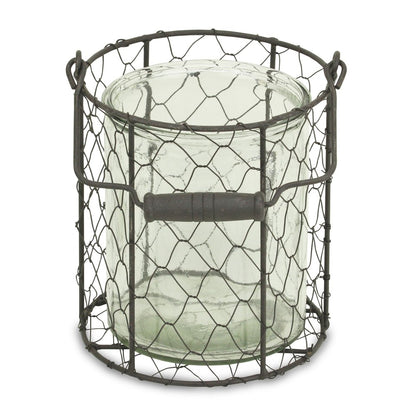 6" Brown and Clear Wire Basket and Glass Jar