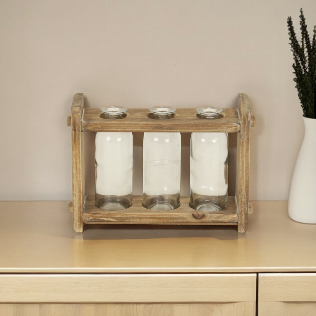 7" Set of Three Glass Jars in a Wood Rack