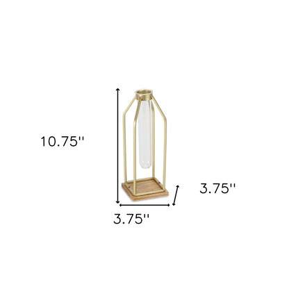 11" Gold Clear And Natural Metal Glass And Wood Test Tube Table Vase