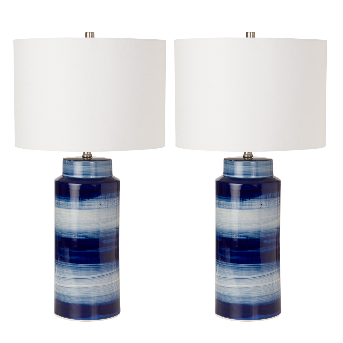 Set of Two 30" Blue and White Ceramic Cylinder Table Lamps With White Drum Shade