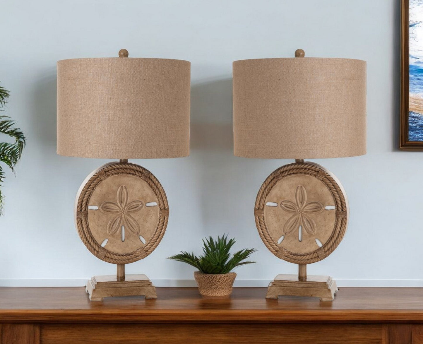 Set of Two 31" Brown Novelty Table Lamps With Tan Drum Shade