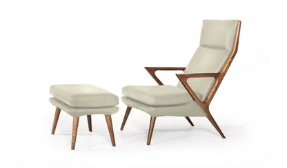 26" Beige And Brown Faux Leather Lounge Chair With Ottoman