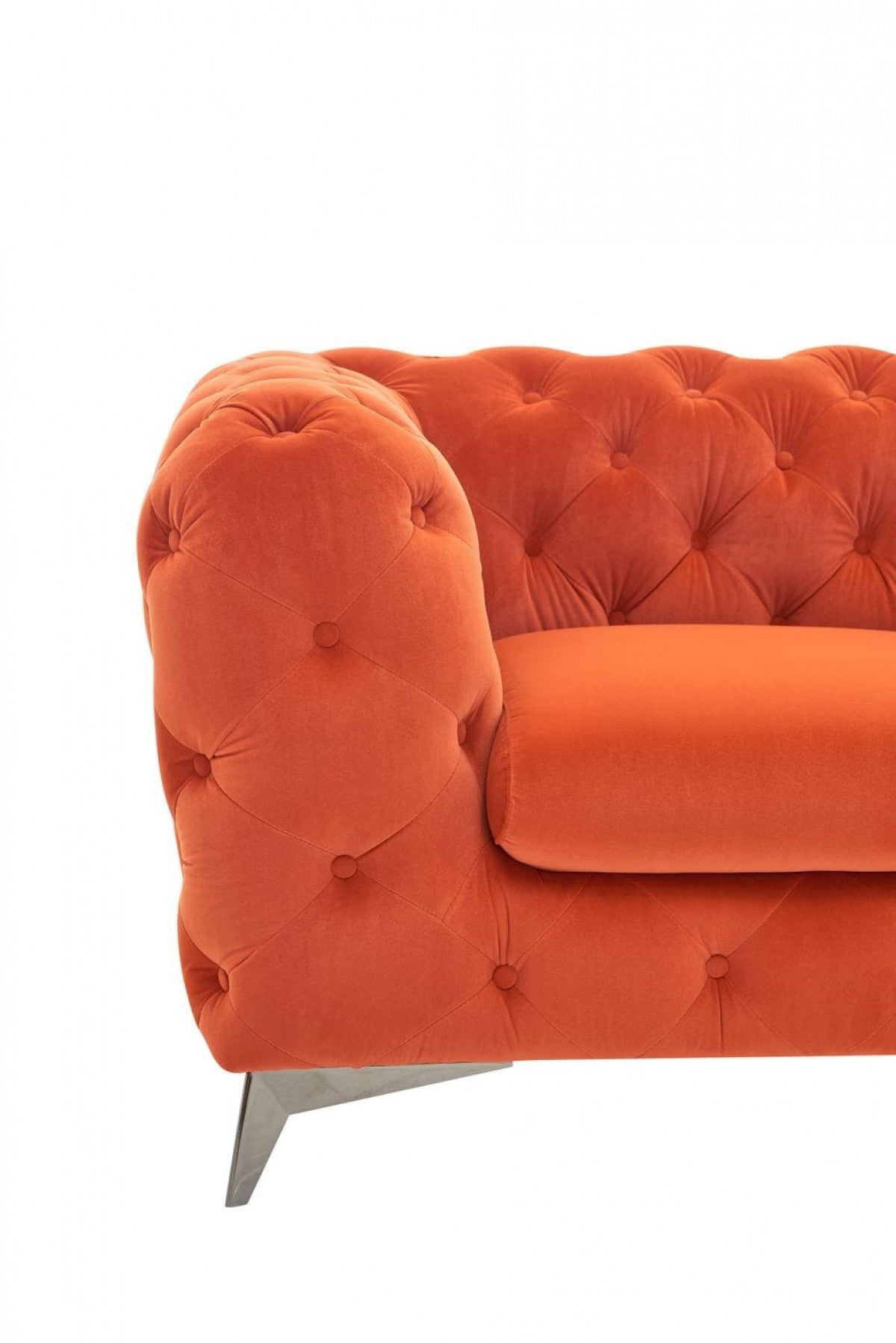50" Orange Velvet And Silver Solid Color Chesterfield Chair