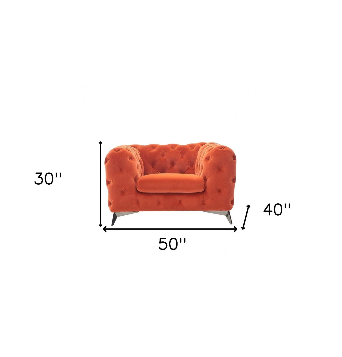 50" Orange Velvet And Silver Solid Color Chesterfield Chair