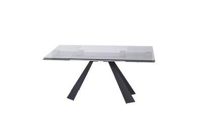 Rectangular glass top coffee table with black angled V-leg metal base, modern style.