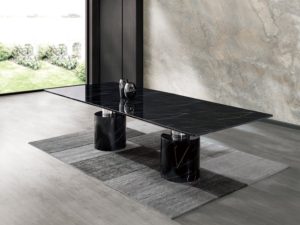 180" black marble dining table with a double pedestal base.