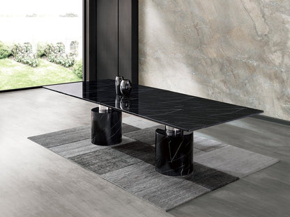 180" black marble dining table with a double pedestal base.