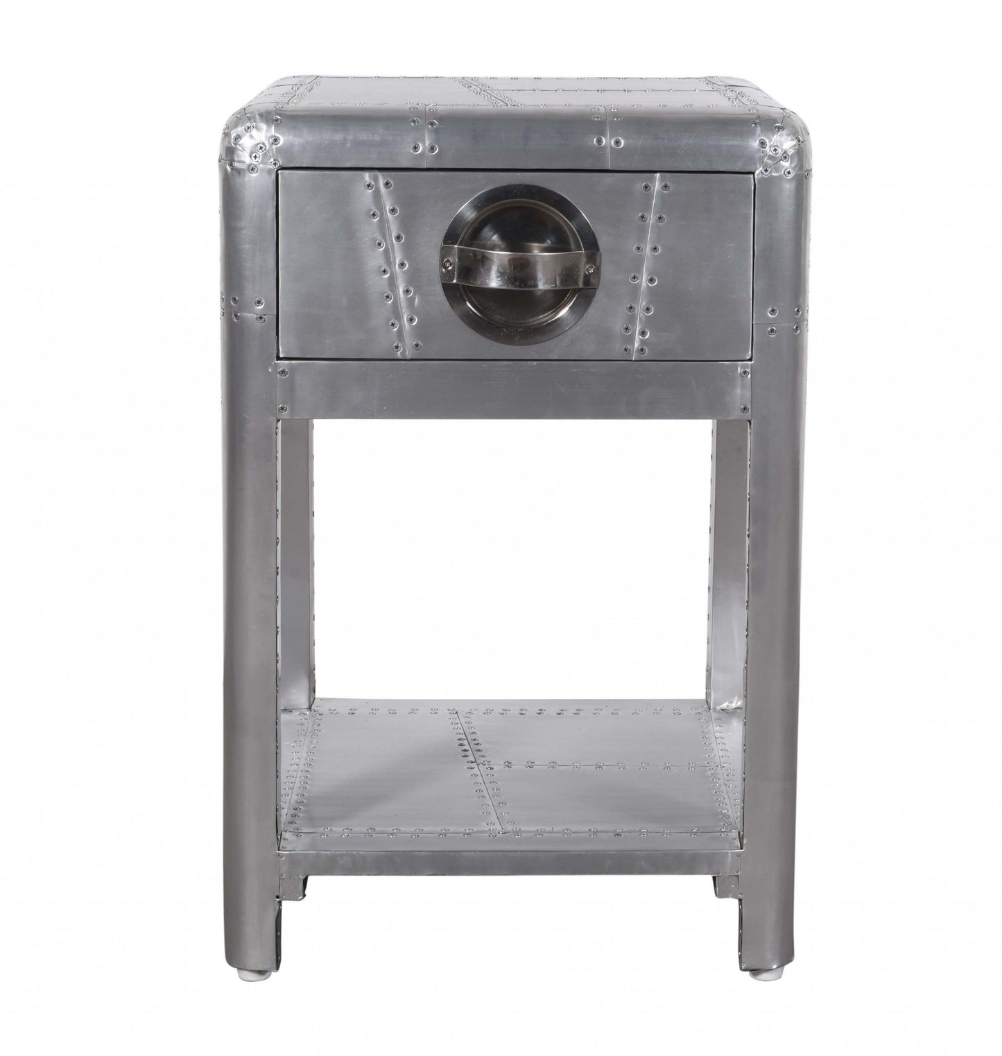 24" Silver Aluminum Square End Table With Drawer And Shelf