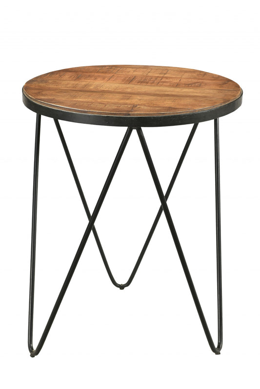 24" Black And Natural Brown Solid Wood And Iron Round End Table