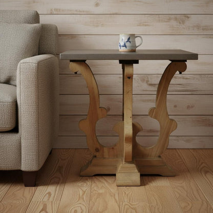 24" Natural Brown And Gray Metal And Solid Wood Square End Table