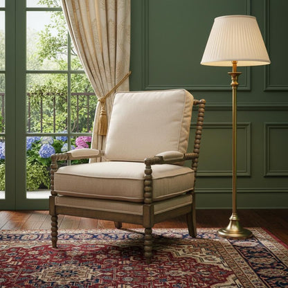 25" Ivory Cushion And Natural Beaded Arm Chair