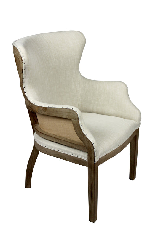 25" Ivory and Brown Fabric and Solid Wood Dining Arm Chair