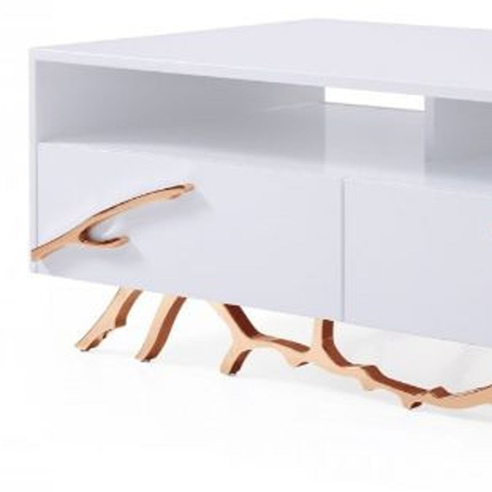 51" Rosegold And White Rectangular Coffee Table With Two Drawers And Two Shelves