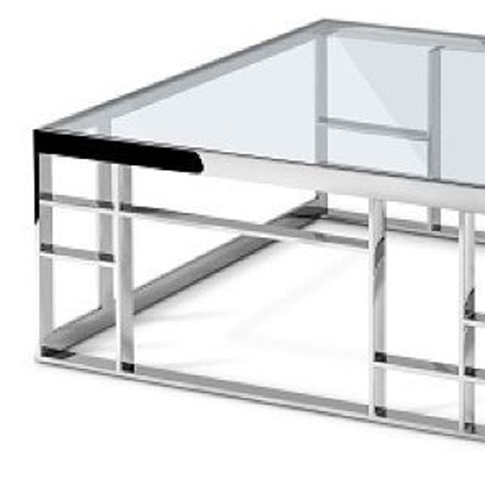 40" Clear and Silver Glass And Stainless Steel Square Frame Coffee Table