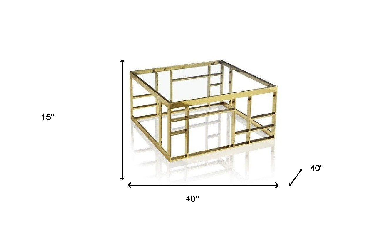 40" Gold And Clear Glass Square Coffee Table