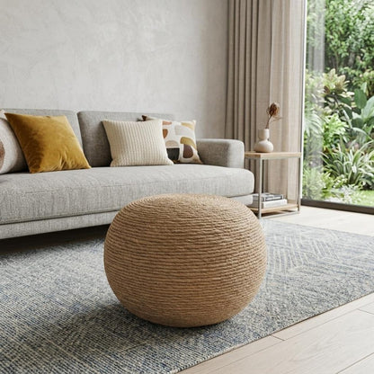 20" Beige Wool Round Ribbed Pouf Ottoman