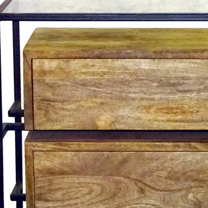 28" Natural Solid Wood and Glass Two Drawer Nightstand