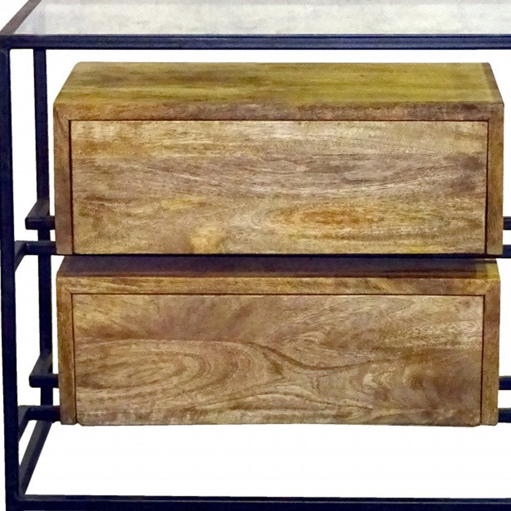 28" Natural Solid Wood and Glass Two Drawer Nightstand