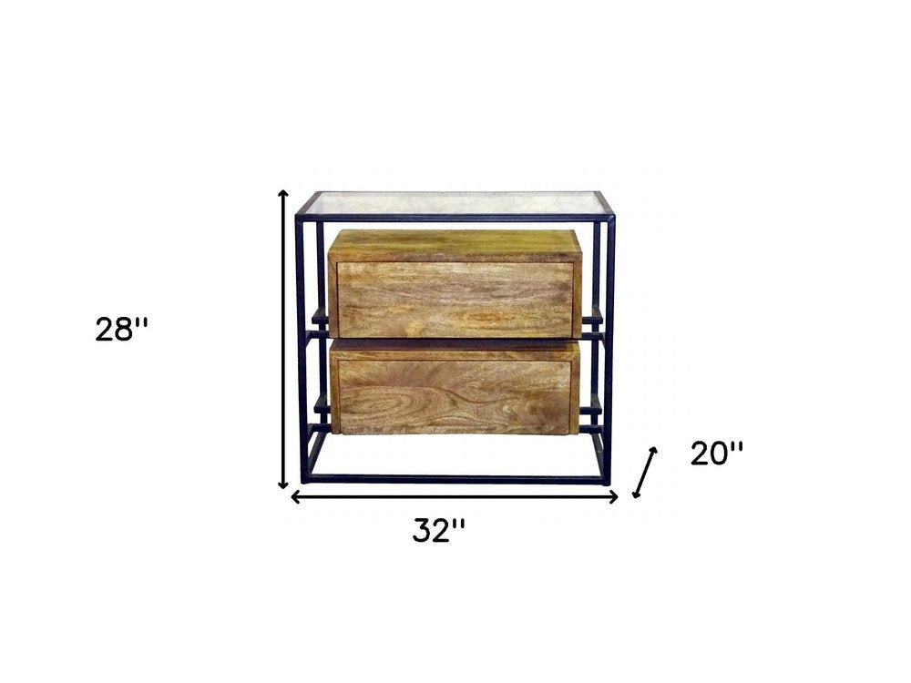 28" Natural Solid Wood and Glass Two Drawer Nightstand