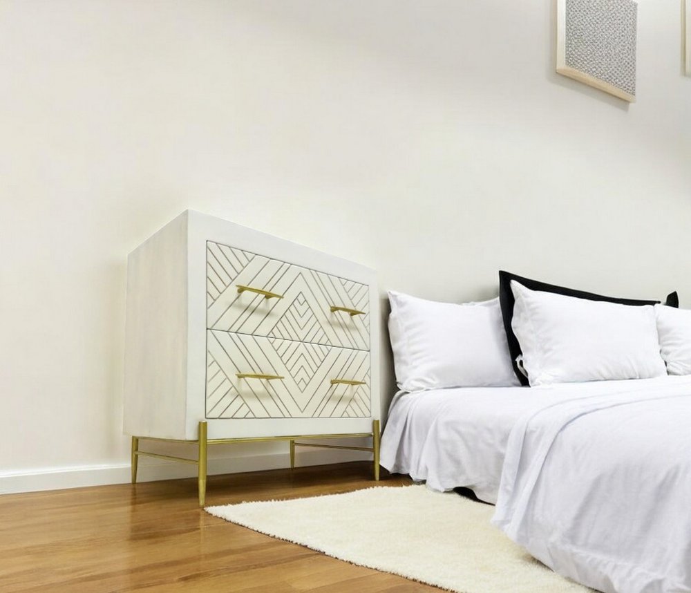 28" White Solid Wood Two Drawer Nightstand