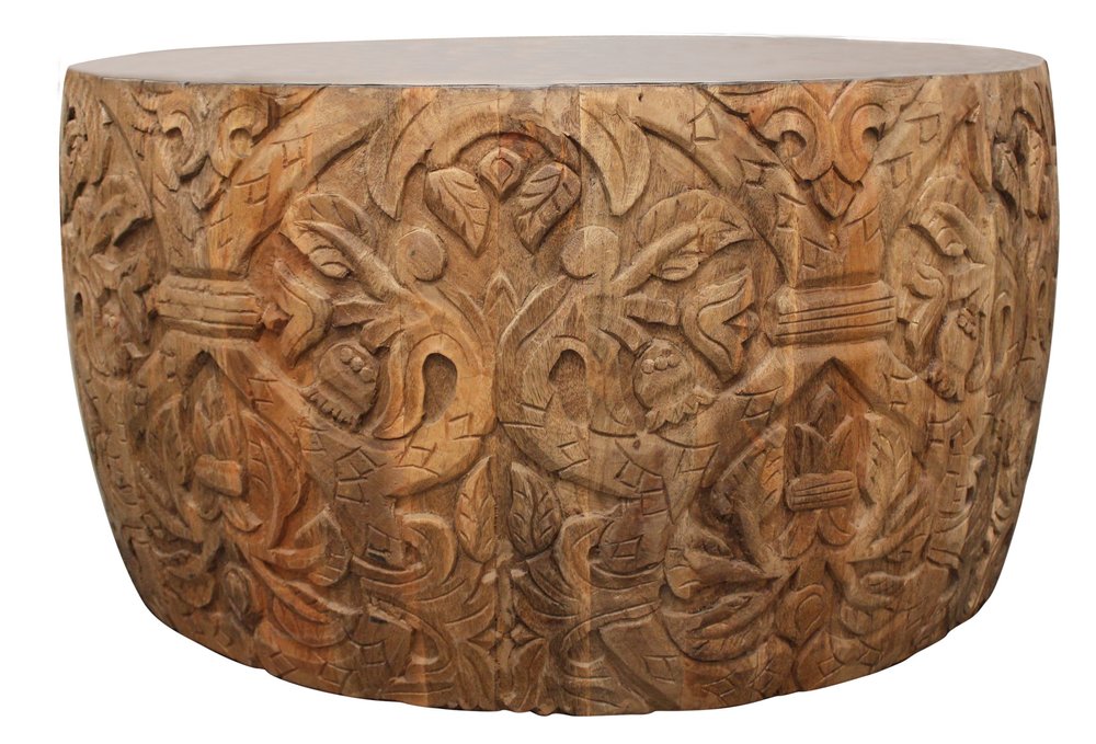 32" White and Natural Iron and Solid Wood Round Drum Coffee Table