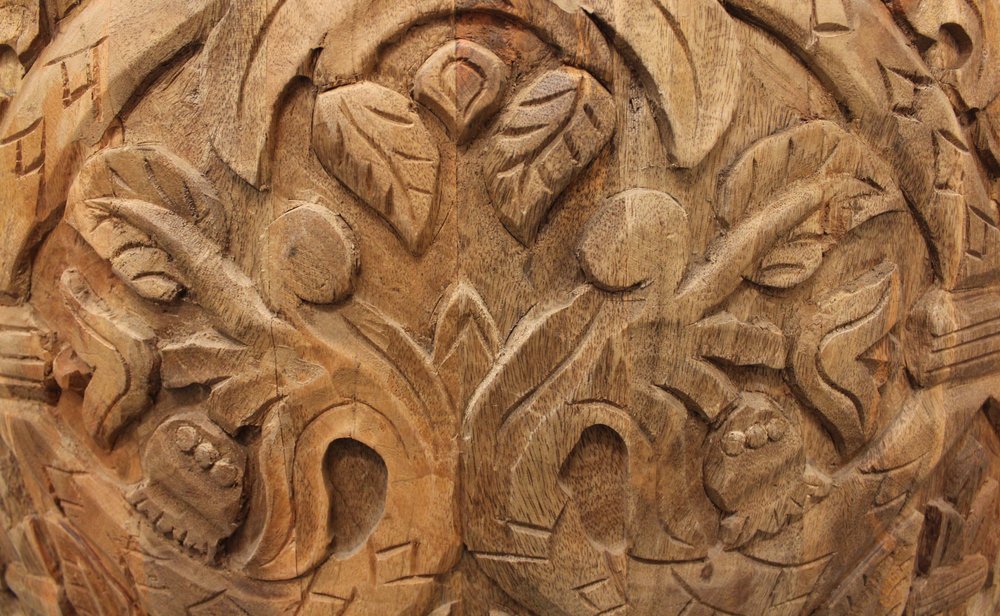 32" White and Natural Iron and Solid Wood Round Drum Coffee Table