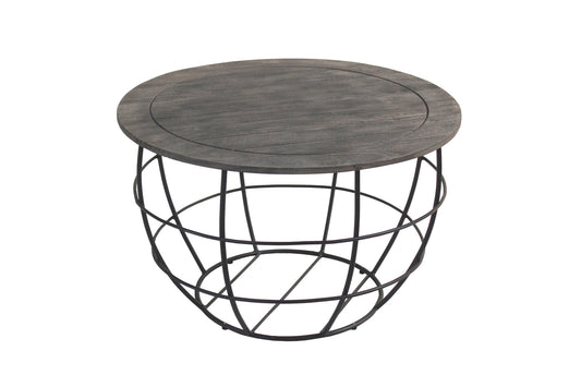 32" Gray Wash Solid Wood and Cast Iron Round Distressed Coffee Table