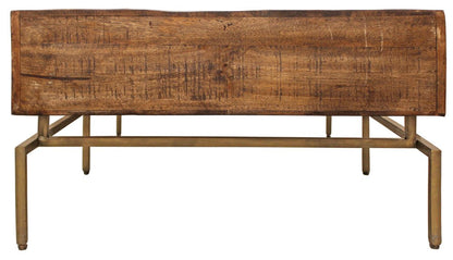 56" Brown and Brass Solid Wood and Iron Distressed Frame Coffee Table With Six Drawers