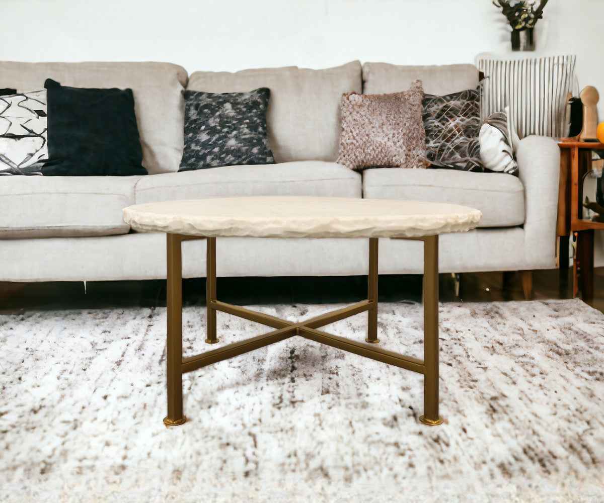 30" Brass And Ivory Genuine Marble Round Coffee Table