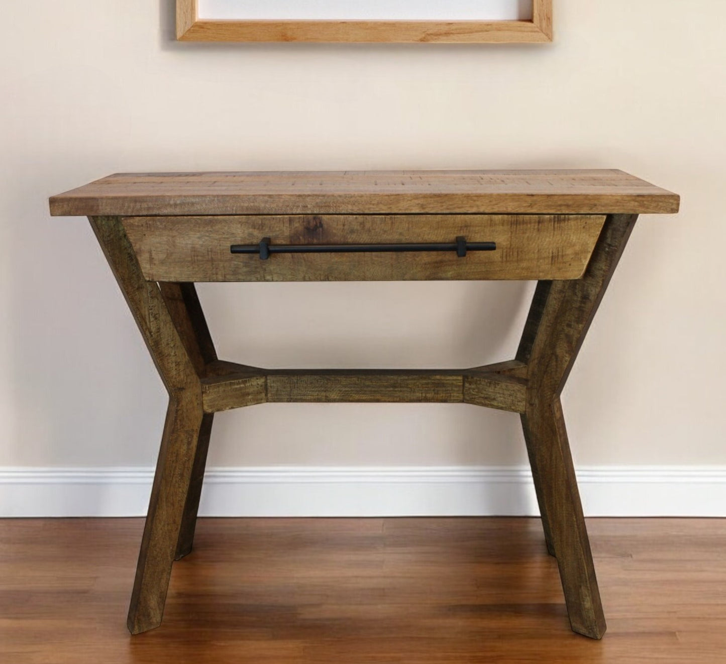 36" Natural Solid Wood Distressed A Frame Console Table And Drawers