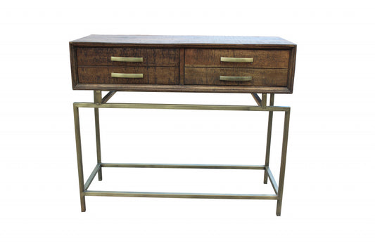 36" Brown and Brass Solid Wood Distressed Frame Console Table With Storage